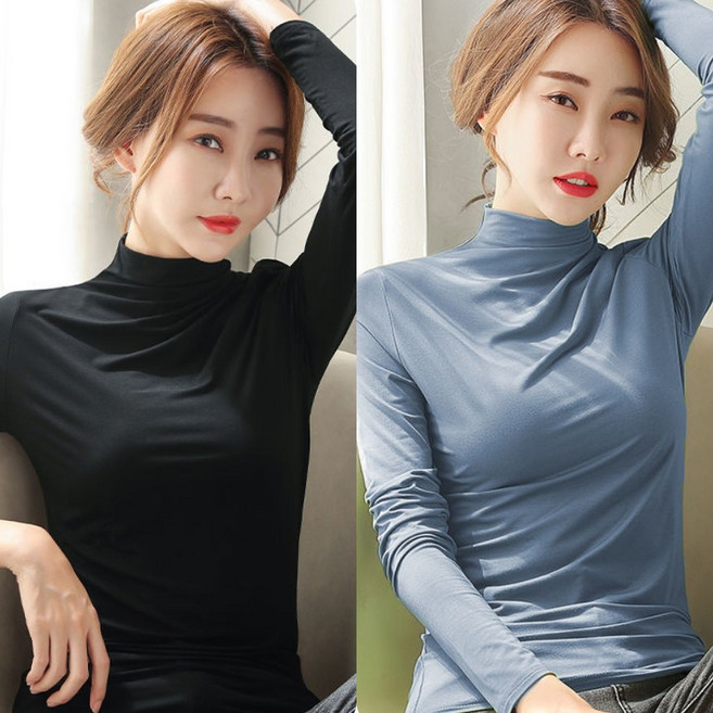 [1+1 2장] 봄 가을 겨울 여성 스판 하이넥 이너티 슬림 긴팔 티셔츠