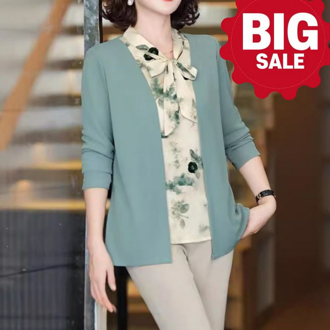 ENUKY 중년 여성 리본 일체형 가디건 레이어드 긴팔티