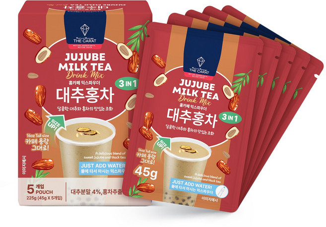 더캐럿 물에 타먹는 홈카페 믹스 파우더 대추 차 홍차 라떼(45gx5) 225g, 1개, 1개입