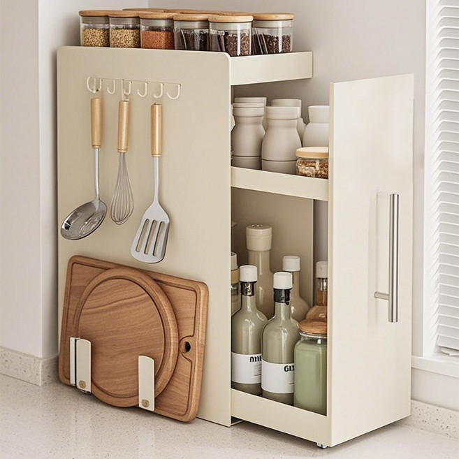 SeekFun 슬라이딩 주방 양념통 정리함 조미료 선반 대용량 수납 다용도 틈새 소스 트레이 철제 녹방지 오일병 조리도구걸이 도마꽂이 위생적인, 화이트, 1개