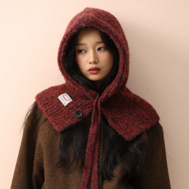 HALOPICK 빅사이즈 니트 스트링 후드 넥워머 뒷트임 바라클라바, 딥레드, 1개