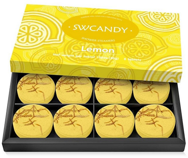 SWCANDY Shower Steamers 아로마테라피 여성용 생일 선물 여행 필수품 오렌지 8개 자연 추출물 에센셜 오일이 함유된 배쓰밤 샤워밤 휴식 홈 스파 276149, Lemon
