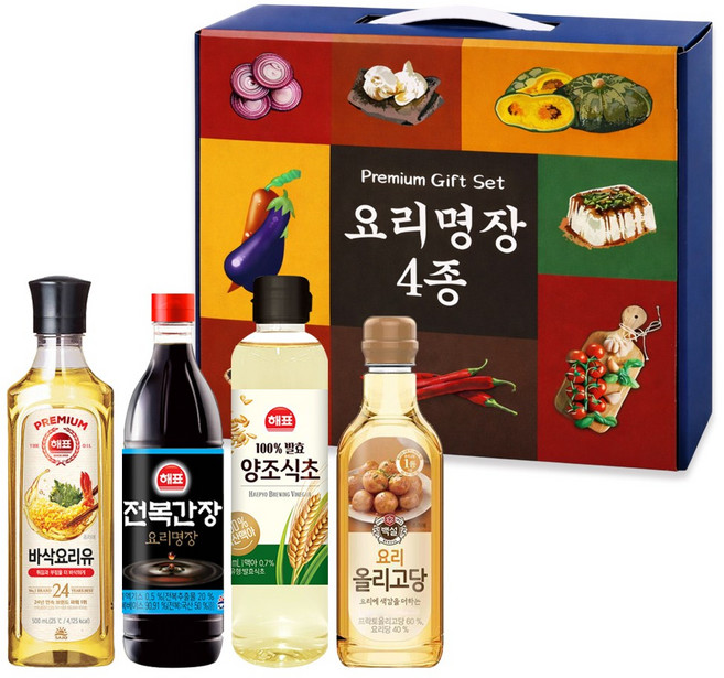 요리명장 프리미엄 오일 선물세트 4종(요리유 500ml + 양조식초 500ml + 전복간장 500ml + 요리 올리고당 500g), 1개