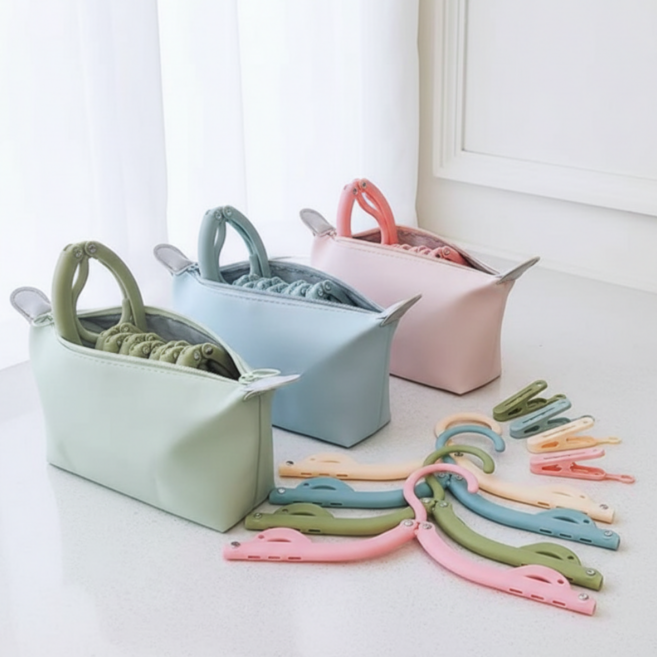 루미브 여행용 접이식 옷걸이 집게 파우치 세트, 1세트, 핑크