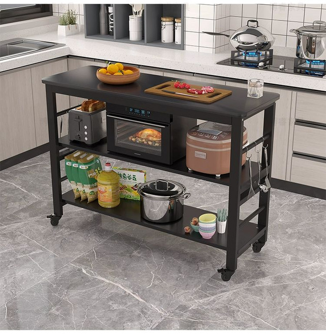 이동식 조리대 테이블 흰색 아일랜드식탁 홈바 다용도 선반, 160x40x83cm, 블랙 프레임+블랙 보드 3단