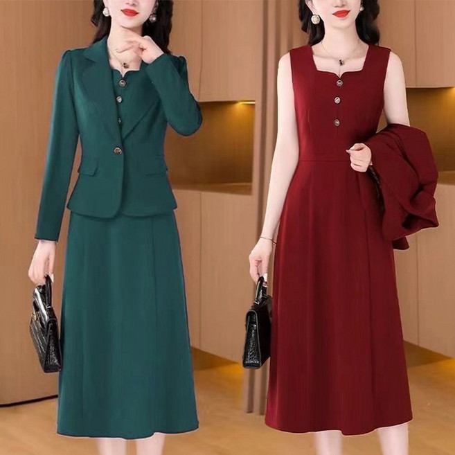 M-6XL 여성스러운 정장 원피스 세트 봄가을 오피스룩 출근 자켓 슬림핏 나시원피스 데일리 고급 투피스