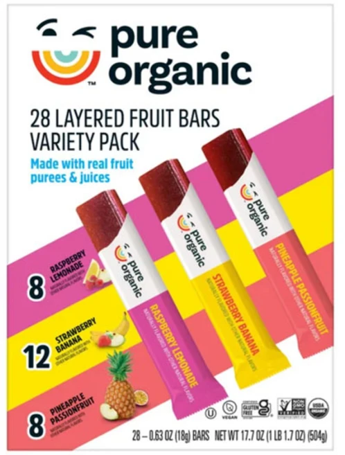 Pure Organic 퓨어 오가닉 후르츠 바 3종 18g x 28바 라즈베리 레몬에이드 딸기 바나나 파인애플, 28개 - 쿠팡