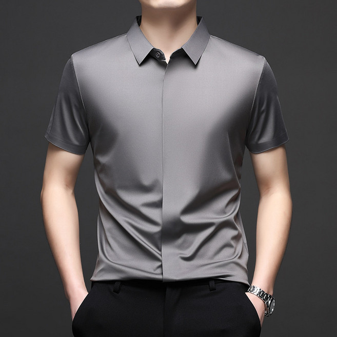 男士短袖襯衫男式2026夏季彈力商務休閒純色冰絲襯衫男裝