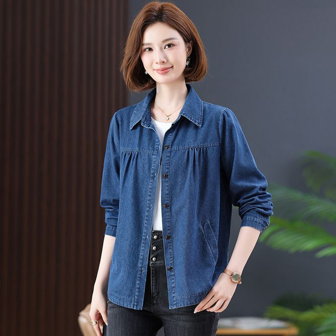 봄 가을 중년 여성 청자켓 루즈핏 간절기 점퍼 기질 데일리 폴로넥 데님 코트 WXY