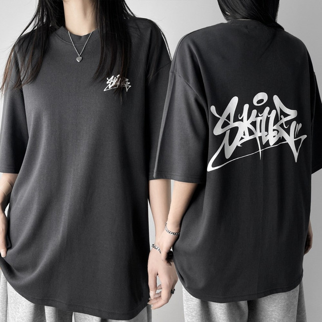 레이디스룸 국산 남녀공용 특양면 오버핏 그래피티 프린팅 빅사이즈 박스 반팔 티셔츠