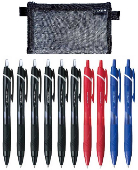 유한회사고루담 uni 제트스트림 단색 볼펜 SXN 150 0.38 0.5 0.7 1.0 10p (메쉬 파우치 포함), 1개, 0.7(흑6-청2-적2)10개+메쉬필통