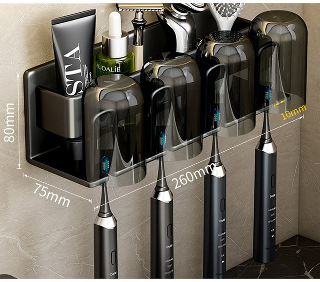 앨오앤지 대형 접착스티커로 튼튼하게 잡아주는 무타공 칫솔걸이+양치컵, 1개, 블랙 4구세트