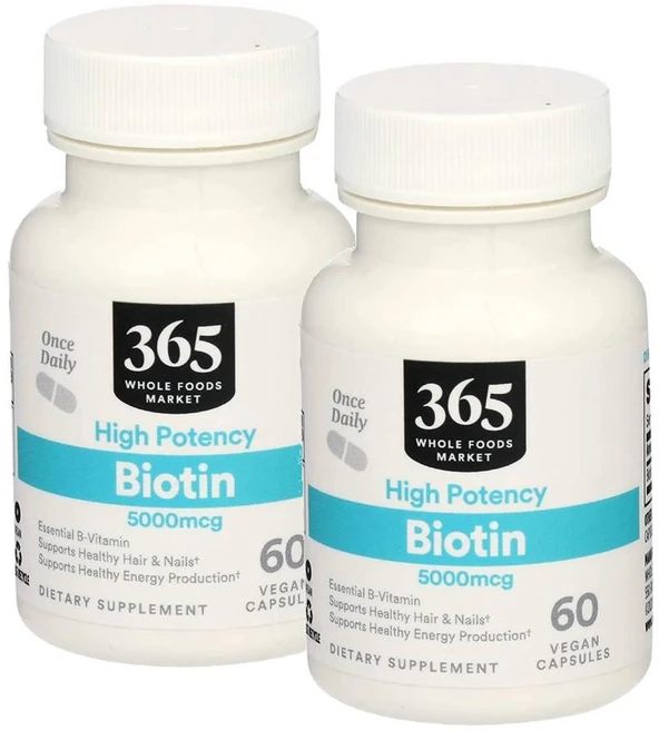 365 by Whole Foods Market Biotin 365 바이 홀 푸드 마켓 비오틴 5000mcg 60비건 캡슐 2팩, 2개, 60정 - 쿠팡