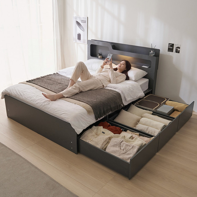 파로마 베이 바뉴 더 깊어진 서랍 LED 침대 프레임(슈퍼싱글 /퀸 /킹), 03.킹 ODM0321 착불_그레이