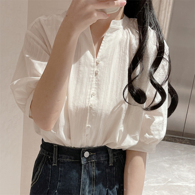 데일로엔 여성 린넨 여름 라운드 블라우스