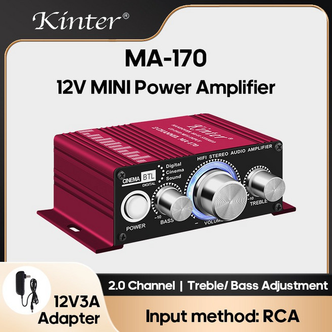 호환 KINTER 블루투스 전력 증폭기 12V AMP 2 채널 차량용 음악 플레이어 스피커 오디오 RCA MA-170, 02 EU Adapter, 01 MA 170 Red NO BT, 1개