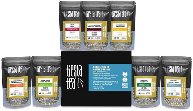 Tiesta Tea 릴랙서 티 샘플러 드라이 플라이트 세트 카페인 없음 핫 앤 아이스 티 잎 차 샘플 세트 허브차 캐모마일차 포함 샘플 파우치 6개 세트, 싱글 오리진 티 샘플러 세트