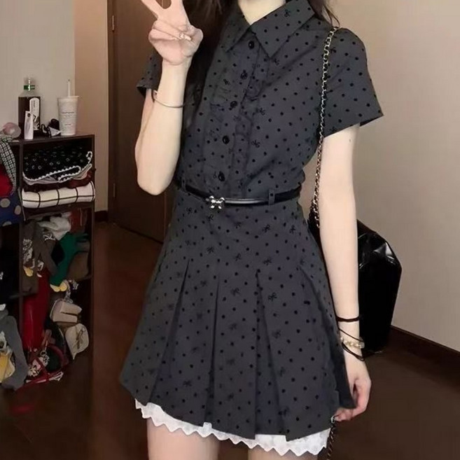 708090 학원풍 빈티지 가짜 투피스 도트 반팔 원피스