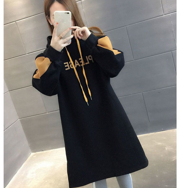 大尺碼 加厚連帽衛衣長裙 300斤胖mm春秋新款oversize衛衣洋裝, 黑色【春秋薄款】,3XL 建議230-260斤