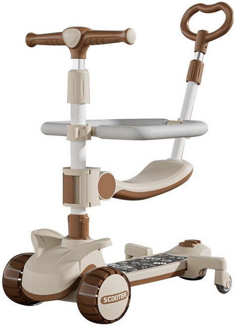 兒童滑板車 帶座椅 閃光輪 音樂, 咖色, 1個