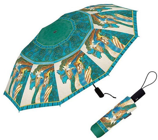 RainCaper Laurel Burch Sky Mares 방풍 자동 개폐 109.2cm(43인치) 커버 접이식 여행용 우산 매칭 슬리브 포함