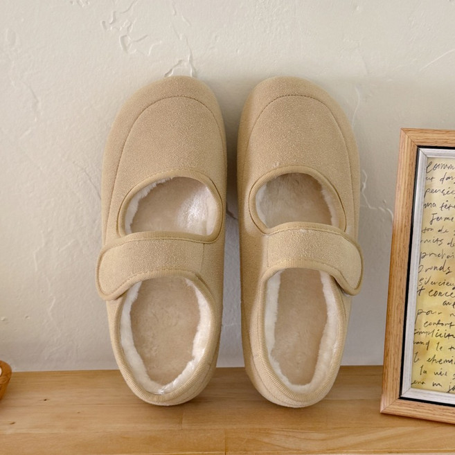 슈뿐 따뜻한 퍼 메리제인 벨크로 플랫 뮬 슬리퍼 털블로퍼