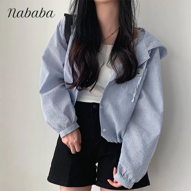 나바바 NB2701 여성 시어서커 스트라이프 긴팔 후드 셔츠