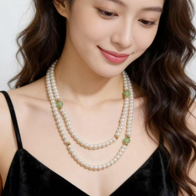 여성 롱진주 천연옥 목걸이 레이어드 행운 재물운