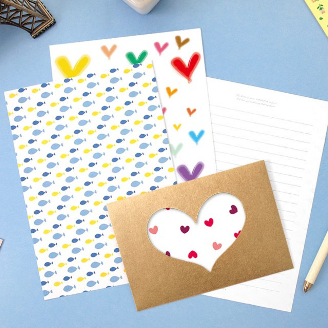 디자인 하트 포인트 편지지 9종세트 스승의날 어버이날 기념일 이벤트 곰신 군인 편지세트 레터 단체선물 패턴편지지 디자인편지 예쁜 이쁜 감성편지, 1개, 혼합색상
