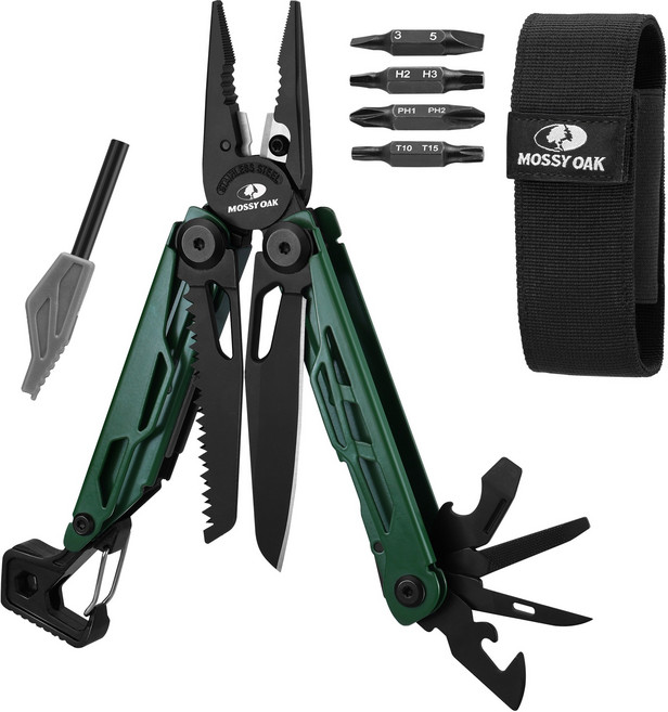 MOSSY OAK 27 in 1 멀티툴 플라이어 휴대용 포켓나이프 파이어스타터 호루라기 병따개 수납 가방 포함 서바이벌 캠핑 하이킹용, 1세트