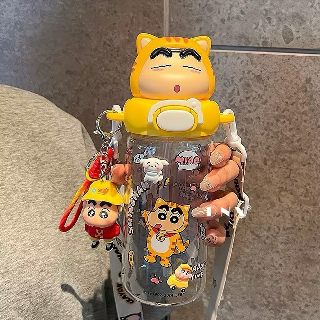 밀크카 짱구 프로틴쉐이커 헬스물통+데코덴 파츠 멜빵+세척공구 텀블러 쉐이커보틀 내구성 좋은, 1개, 520ml, 옐로우 스타일