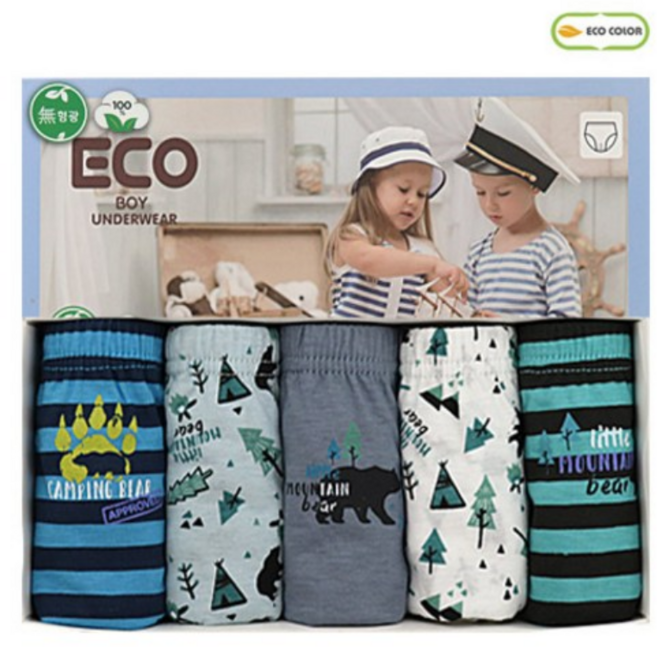 에코키즈 남아용 무형광 순면 삼각팬티 숲속곰 5종세트