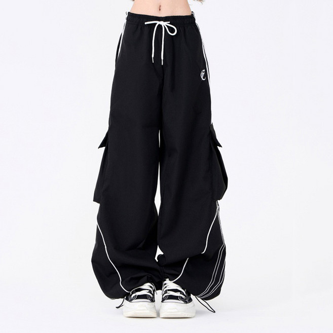 슬림소녀 여성 봄 가을 스트릿댄스 스트링 와이드 캐주얼 카고 포켓 트레이닝 바지 힙합