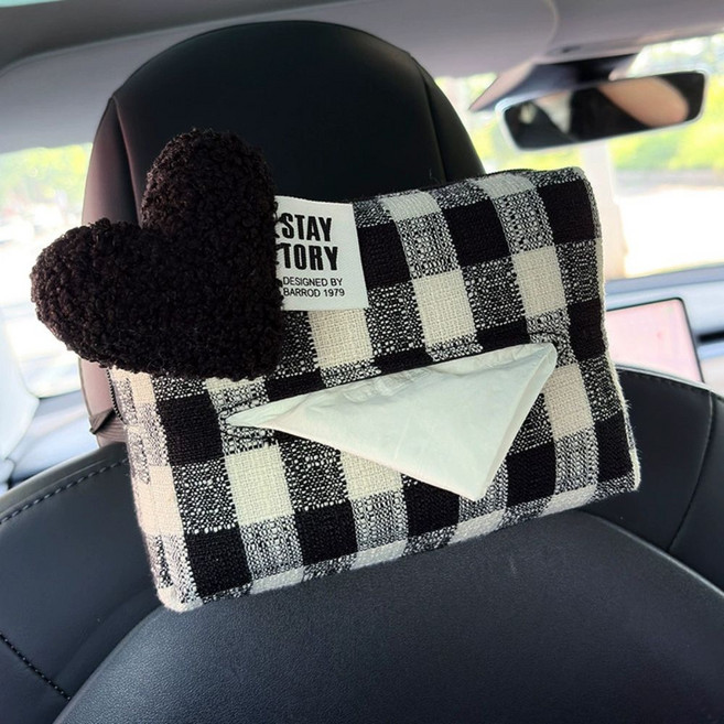 티쯔 차량용 체크 티슈 케이스 암레스트 헤드레스트 화장지 캠핑용 휴지걸이, 하트블랙, 1개