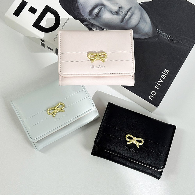 모던허니 여성 러블리 리본 가죽 3단 미니 학생 카드 지갑 반지갑