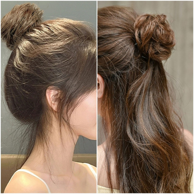 미즈코스 똥머리 볼륨 가발 집게핀 여자 당고머리 올림머리 부분 가발, 1개, 생머리1p+곱슬1p 라이트브라운