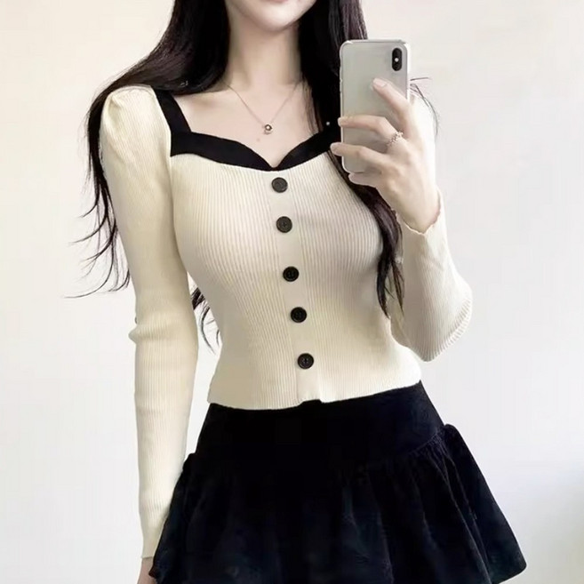 에스알비 여성 슬림핏 스퀘어넥 버튼 니트 긴팔 티셔츠