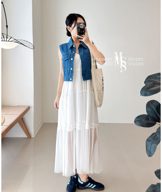 missweet 正韓牛仔背心網紗吊帶長洋裝二件套