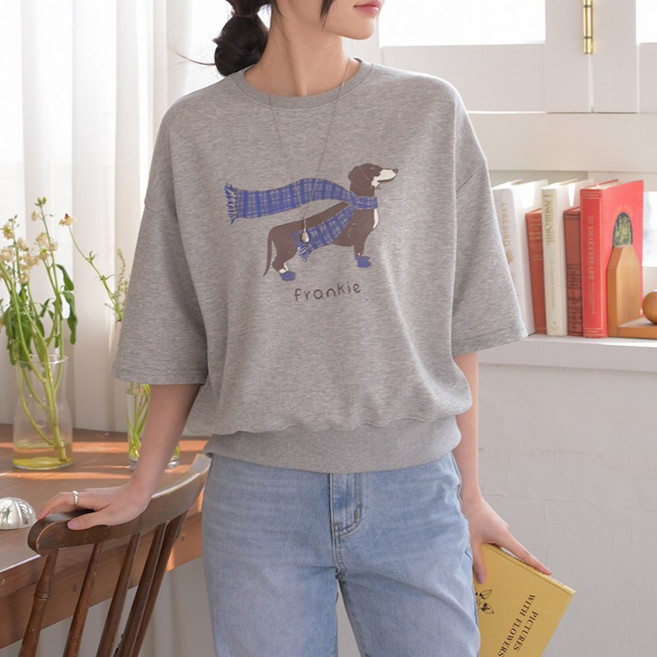 데일리앤 보스티 여성 프린팅 5부 7부 반팔 루즈핏 맨투맨 티셔츠 봄 여름 가을