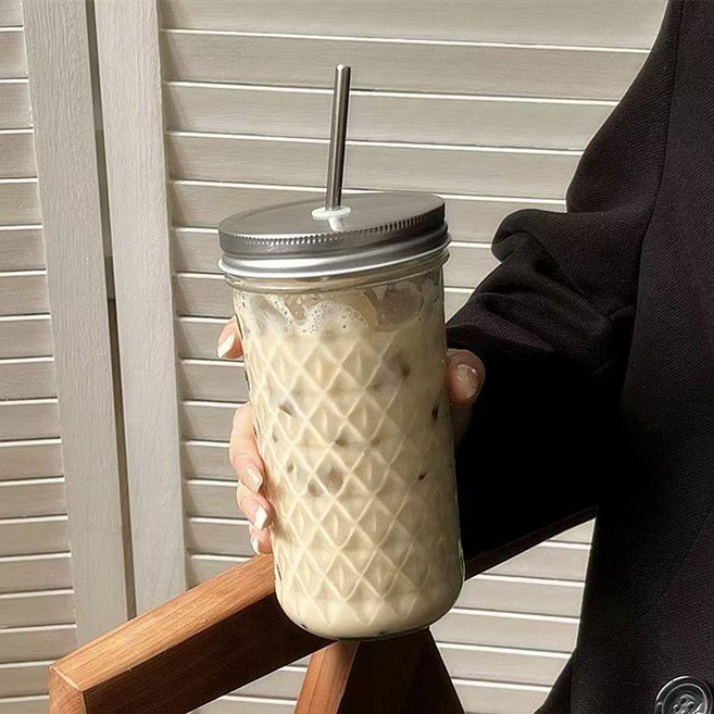 玻璃吸管杯 700ml 梅森杯 冷飲杯, 650ml磚石款 杯 + 帶孔蓋 + 吸管, 1個