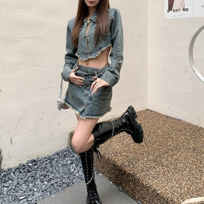 텐미닛스타일 유니크 여리핏 포인트 데님 루스리 투피스