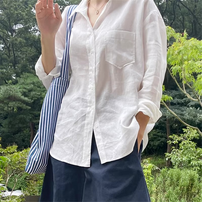 法式棉麻白色襯衫 女長袖薄款寬鬆外搭韓版襯衣亞麻上衣夏