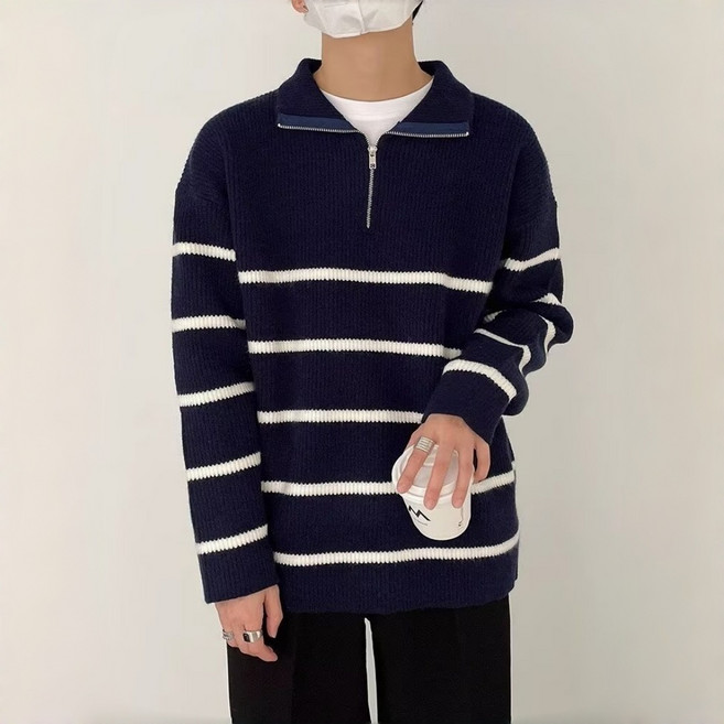 스타일닥터 남성 봄 니트 스트라이프 하프집업 니트 루즈핏 캐주얼 데이트룩 출근룩