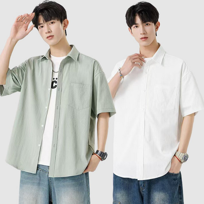 테크비 1+1 남성용 반팔 링클프리 오버핏 무지 남방