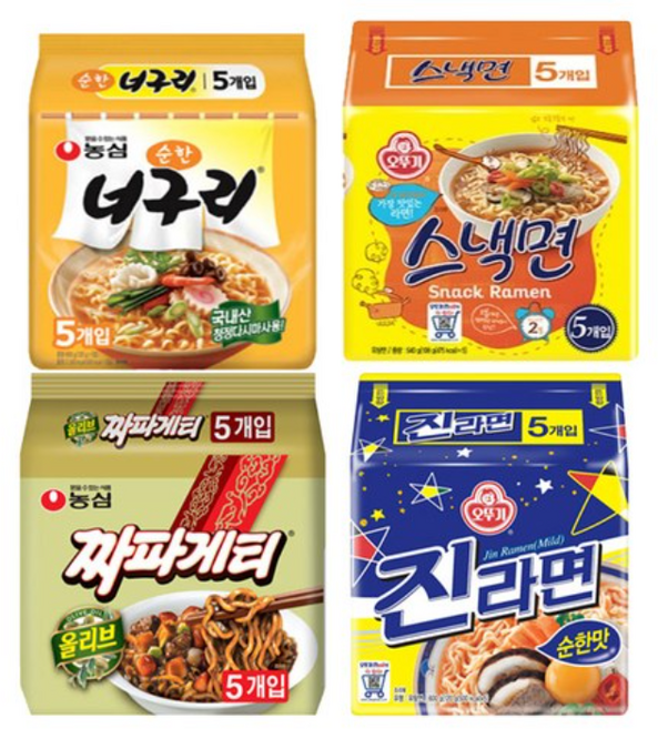 진라면순한맛5개+순한너구리5개+스낵면5개+짜파게티5개+그레잇물티슈(10매), 2세트