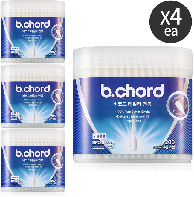 비코드 데일리 순면 100% 프리미엄 면봉, 4개, 200개입