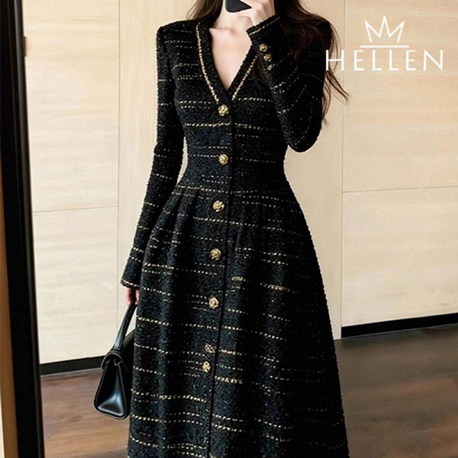 헬렌 트위드 브이넥 긴팔 원피스 플레어 롱 드레스 봄 가을 하객룩 오피스룩 무히롱원피스 B-903