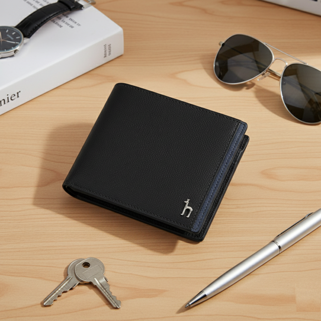 헤지스 세련된 블루 배색 소가죽 남성 반지갑 (선물포장)