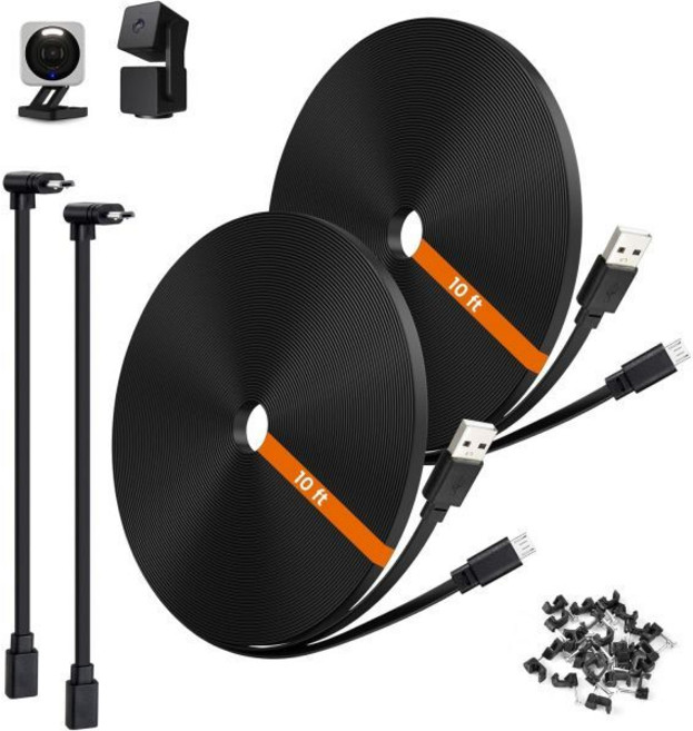 weishan Wyze Cam v4 Pan v3 OG Pro 보안 카메라와 호환되는 2팩 10피트 전력 연장 케이블 3m 길이의 평평한 USB-마이크로 USB 충전 코드 L자형, 10 Feet, Black
