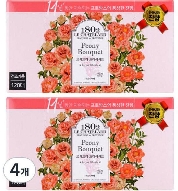 피오니부케 르샤트라1802 건조기용 드라이시트 섬유유연제 본품 120매 4개, 피오니부케 르샤트라1802 건조기용 드라이시트 섬유유연